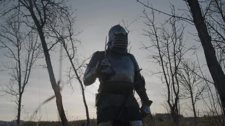 Medieval steel armor with sword standing outdoors surrounded by many trees during dusk or dawn