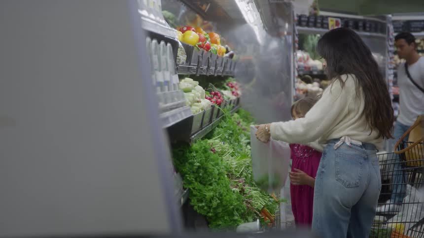 Child places vegetables in a bag next to her mother in the produce section