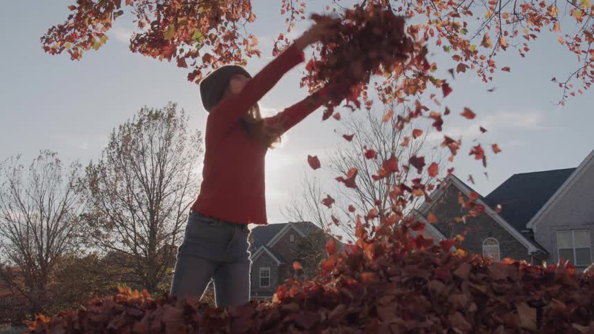 A happy young girl joyfully throws a pile of autumn leaves into the air on a sunny day