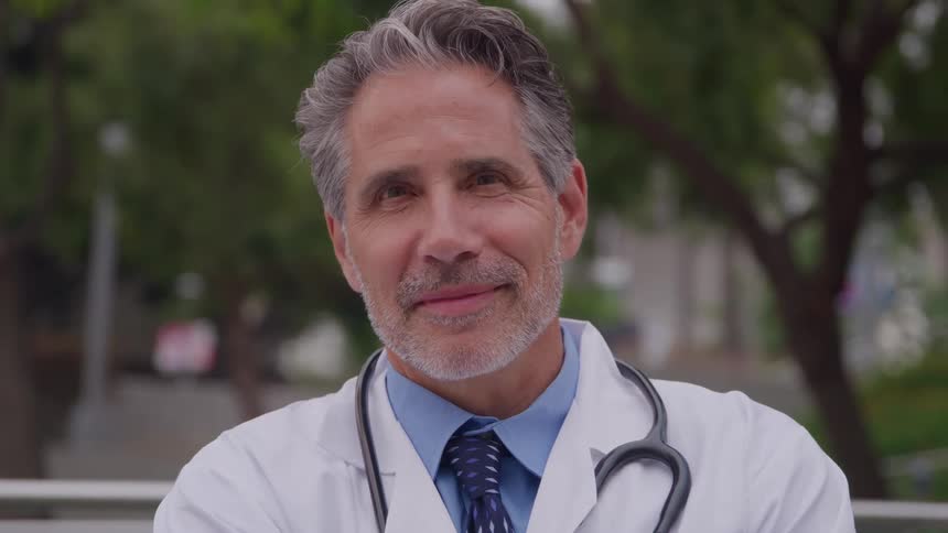A middleaged doctor sits outdoors at midday a stethoscope draped around his neck smiling warmly