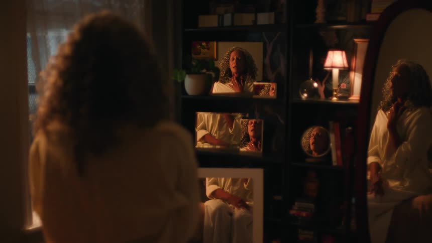 A woman sits on her bed inside her bedroom at night wearing pajamas a lamp on a shelf softly illuminates the room casting a warm glow as her long curly hair frames her face