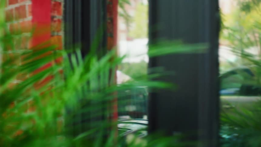 The reflection of a whitehaired woman passing in front of a glass window with plants in front