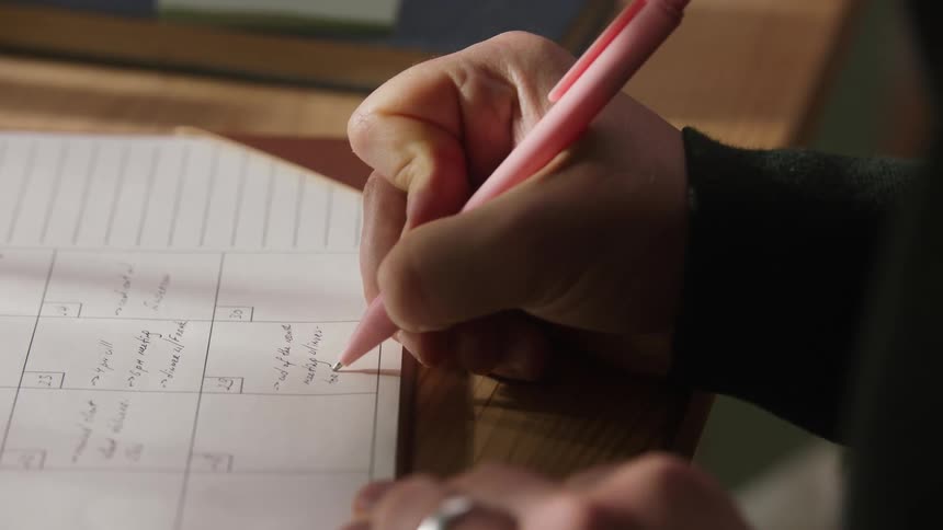 A persons hand holding a pink pen writing on white paper