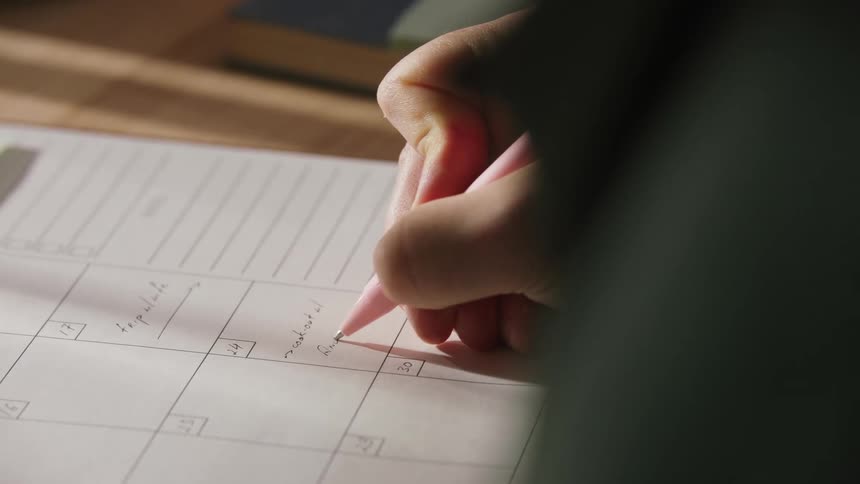 A closeup shot focuses on a mans hand holding a pink pen as he write a short entry onto the dated grid of a paper planner on a wooden surface with the scene partially framed by a dark foreground element
