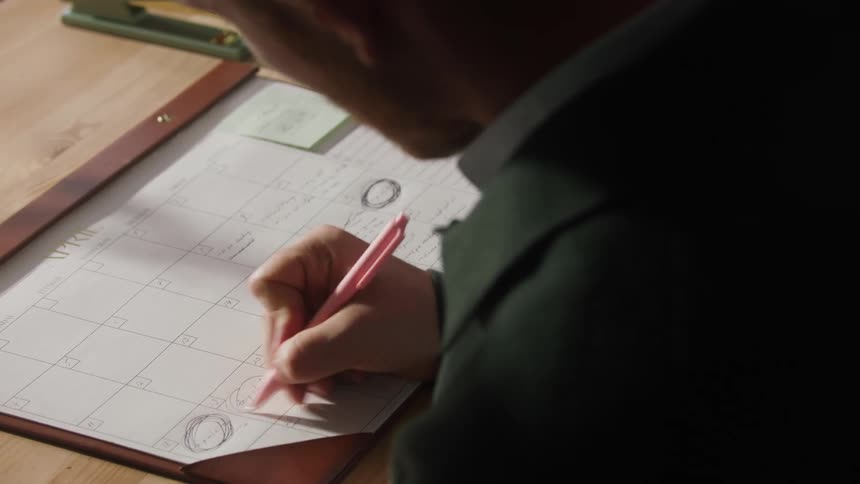 A man is circling dates with a pen on a calendar at a table