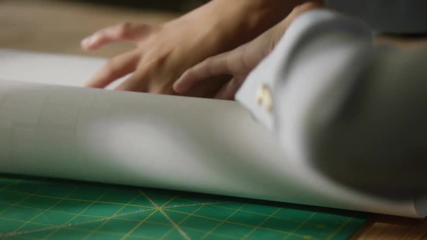 A persons hands are visible grabbing rolled up plans then holding open a large sheet of paper displaying detailed blackandwhite architectural or engineering blueprints