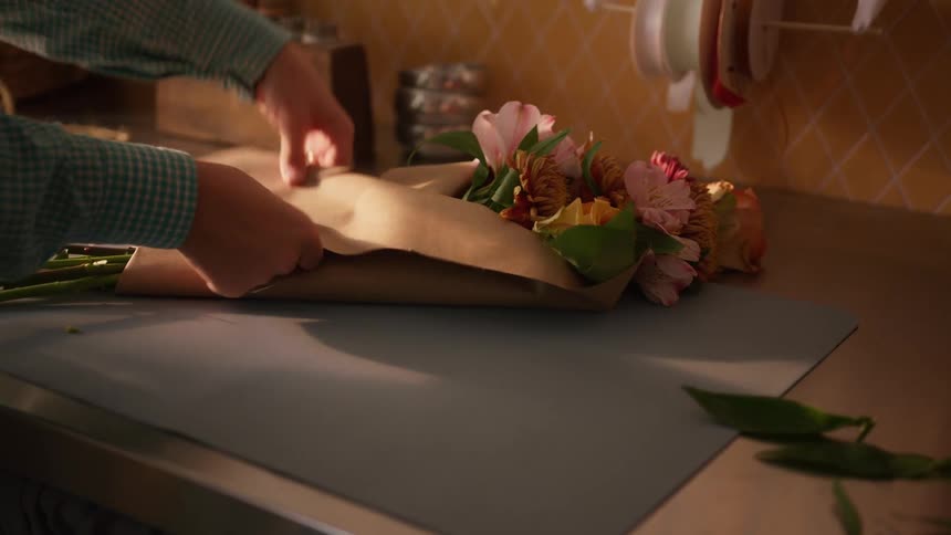 A persons arms and hands are shown wrapping a bouquet of fresh flowers in brown paper on a counter top