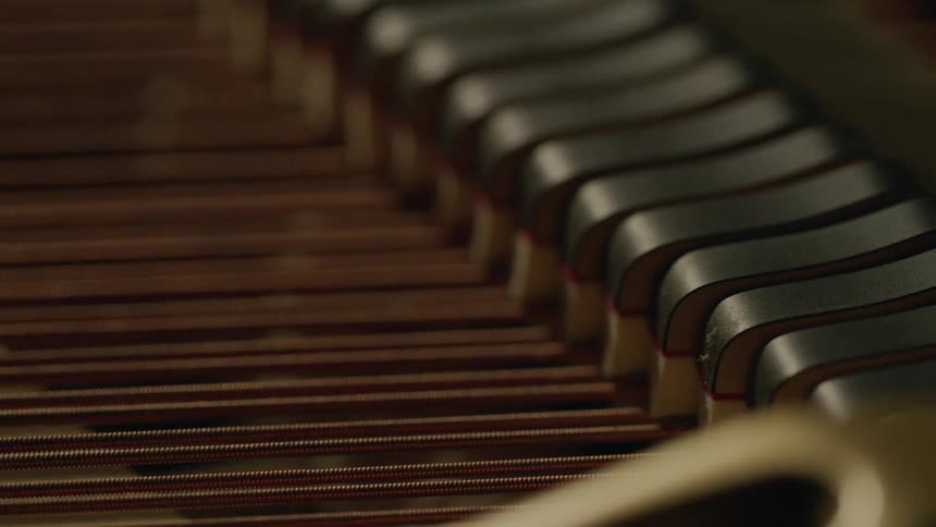 The strings on a piano are moving up and down