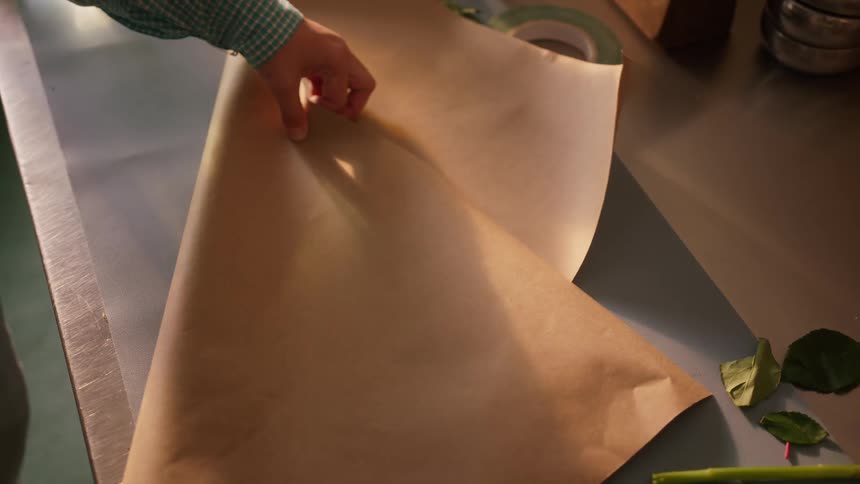 A florist stands at a workbench and carefully folds a large sheet of parchment paper preparing materials amidst the soft light and lush greenery of a flower shop