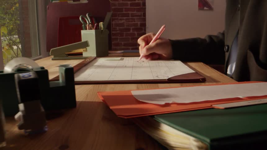 Hand with pink pen marks dates on may calendar over desk with stapler and notebooks