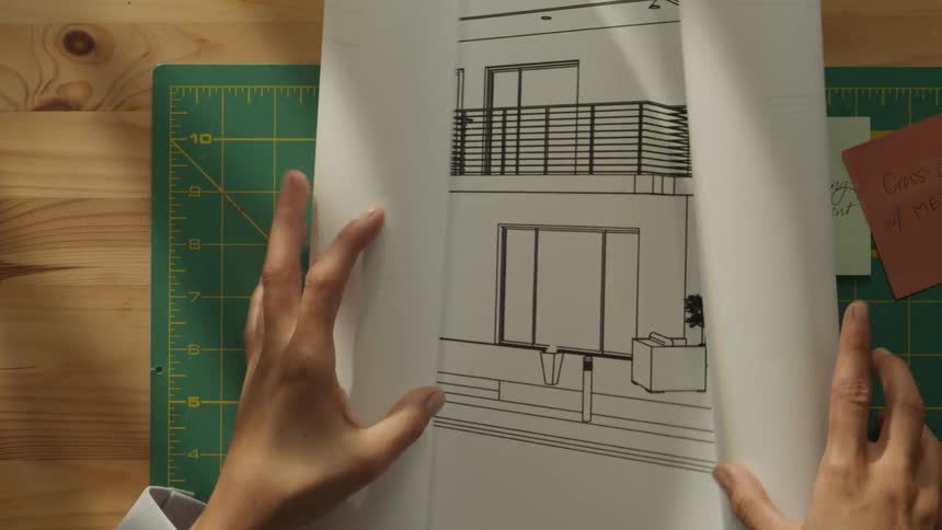 Hands close the architectural project on the worktable