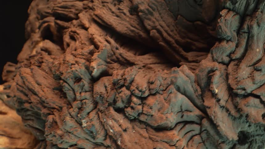 A textured gnarled piece of wood or driftwood with a dark background slowly zooming in and shifting to reveal the intricate organic details and lightercolored sections of the wood