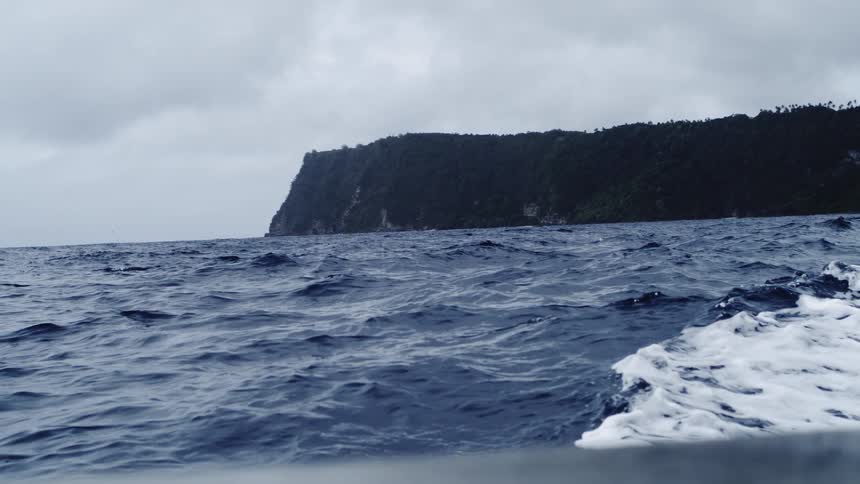 This video filmed from a boat captures a dramatically dark treecovered cliff face rising above a turbulent dark blue oceanthe foreground is dominated by choppy waves and white spray as the vessel moves toward the imposing overcast coastline