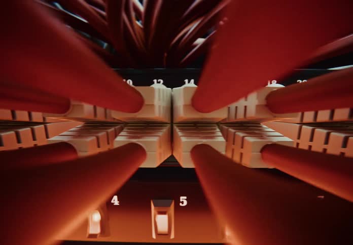 Active server infrastructure with orange ethernet cables plugged into network switch macro probe shot