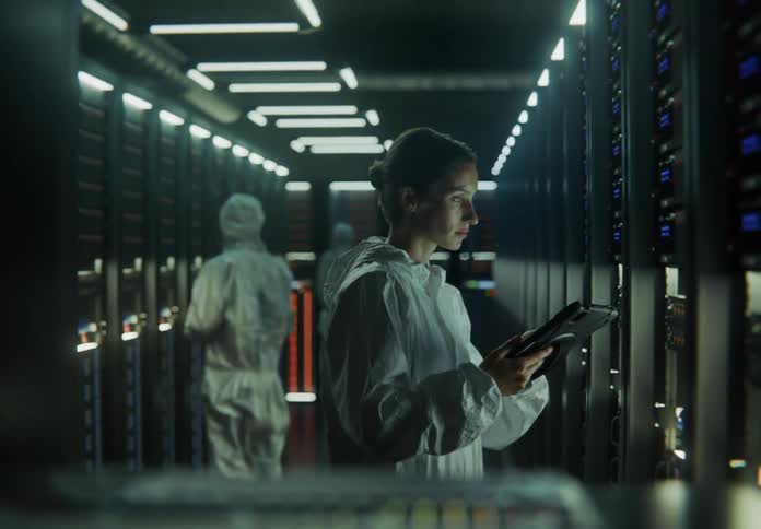 A woman dressed in scientist attire is indoors looking at server and using a tablet in a data center
