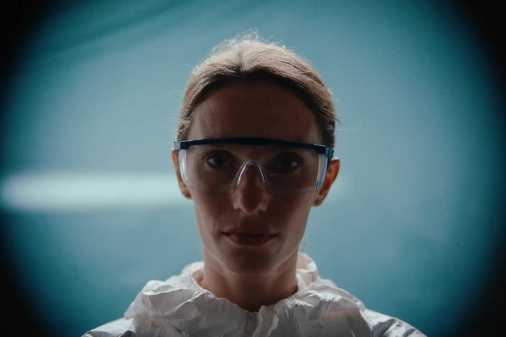 A light flashes on a womans face