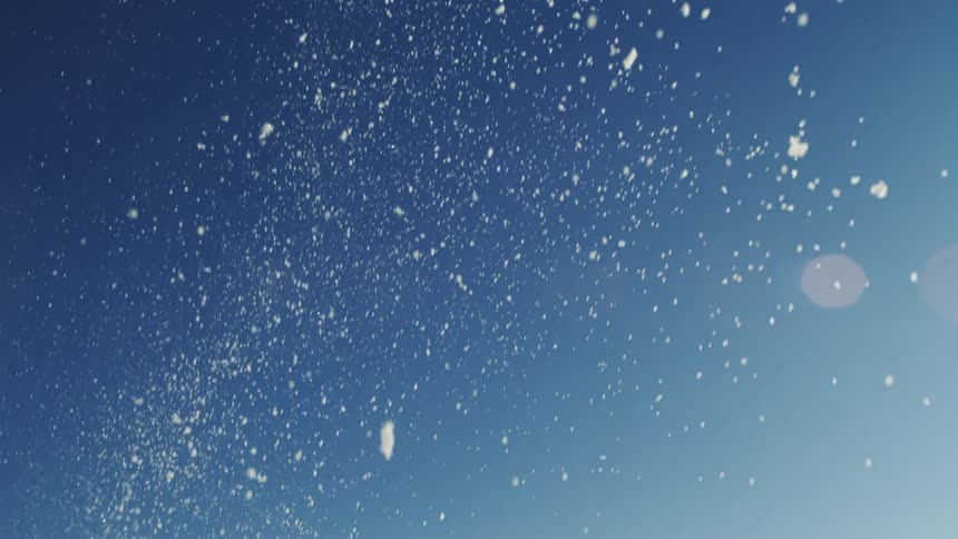 Snow falls steadily from the sky at midday blanketing the scene in soft white flakes