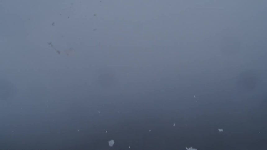 The video is a static shot of a gloomy overcast sky or a heavily foggedhazy environment with a bluegray tone large white irregular flakes or blobs which appear to be heavy snowflakes sleet or possibly ash are falling through the frame at a medi