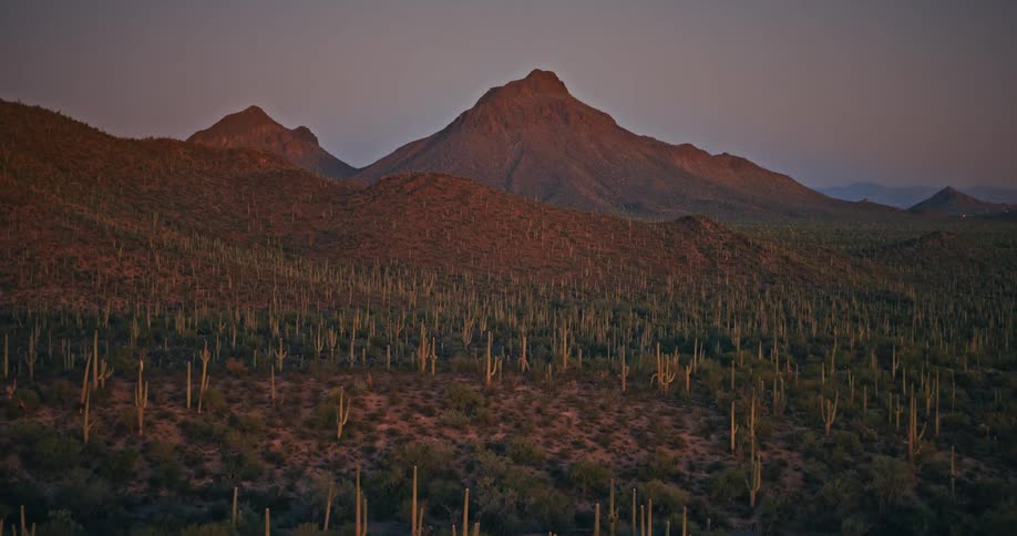 An aerial view of a desert at sunset