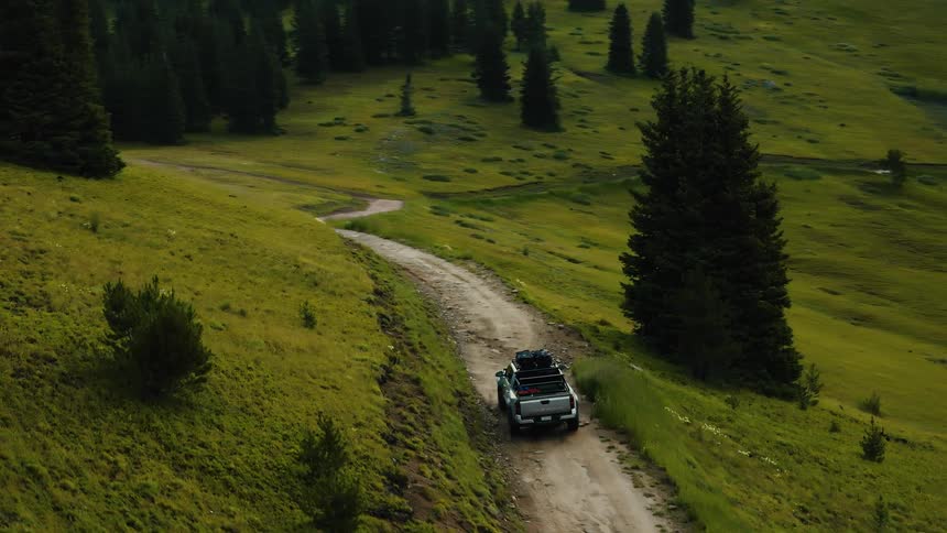 A pickup truck driving on a dirt road winding through a steep grassy hillside with evergreen trees