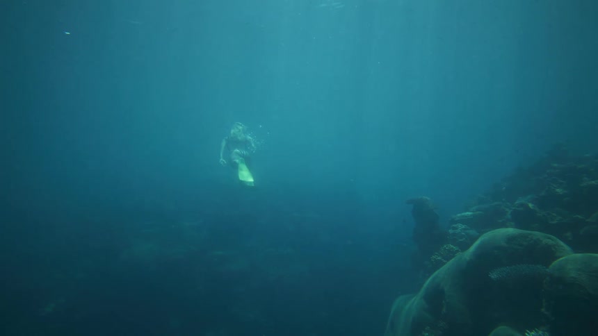 A person diving descends into the deep blue ocean from above with bright fins visible near a massive coral formation in the dark foreground