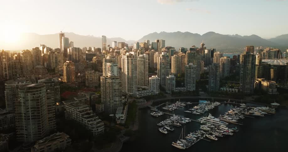 An aerial view of some tall buildings in a city