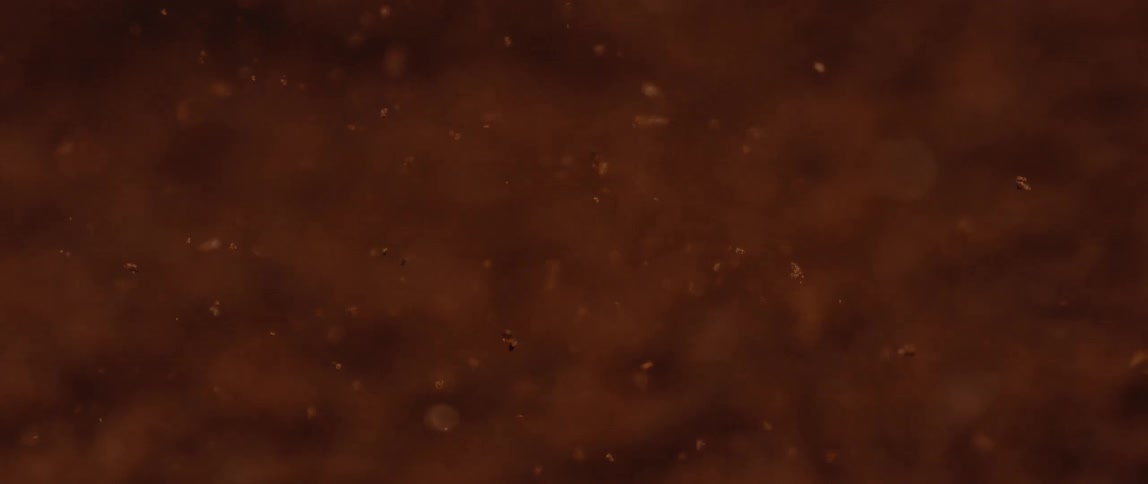 Clumps and fine dust of rich cocoa powder cascade downward in a closeup view