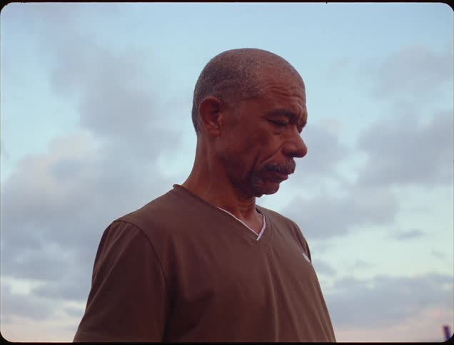 A middleaged man with a goatee looks contemplatively toward the horizon against a cloudy blue and orange sky backdrop