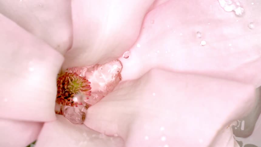 Water droplets fall inside a flower and splash on the petals