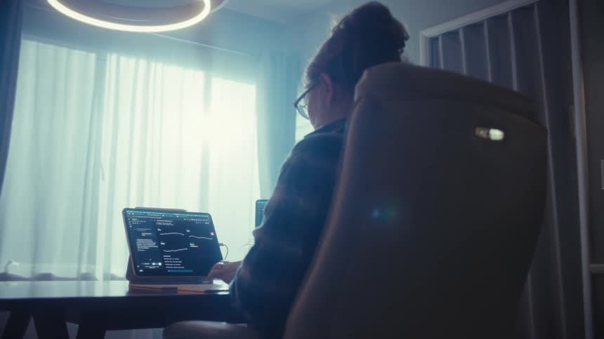 A close view from behind shows a woman analyzing financial charts on a laptop and tablet against the intense light of a large window
