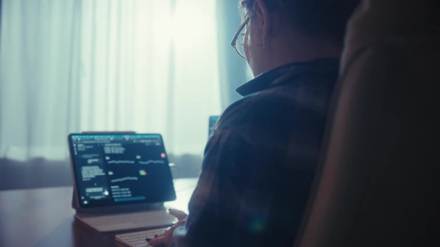 The woman is working at her computers at home