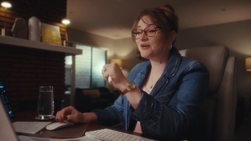 A close view shows a woman working on a laptop before looking up and enthusiastically talking and gesturing with a stylus during a video conference