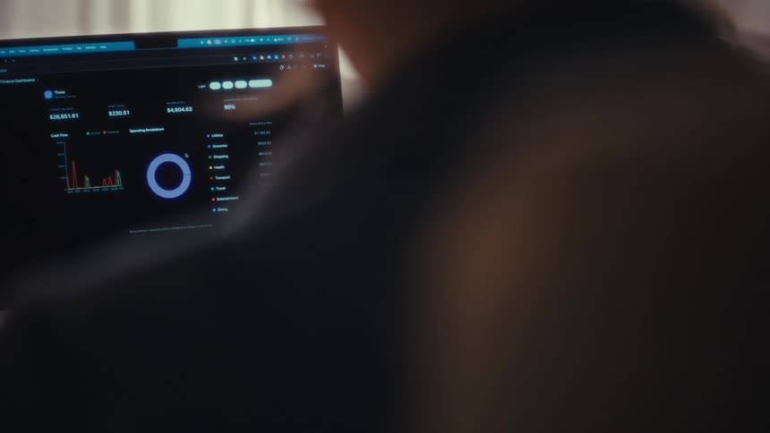 A close view shows a person viewing a laptop screen displaying a dark mode financial data dashboard with various charts and spending breakdowns