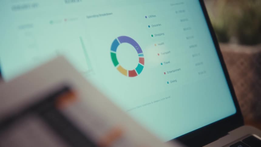 The video transitions between several closeup shots of financial data beginning with a person pointing at a printed spreadsheet with an electronic penthe scenes then shift to a laptop screen displaying a colorful spending breakdown donut chart and f
