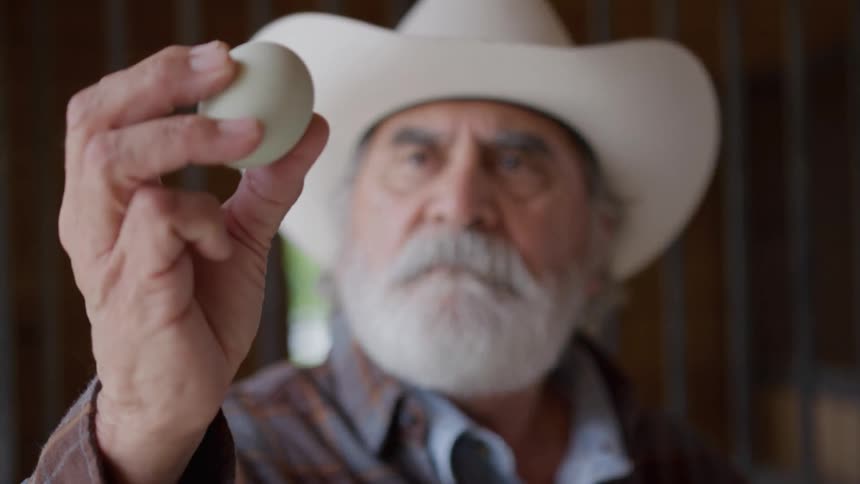 This is a closeup shot of an older man likely a farmer or rancher wearing a lightcolored cowboy hat and a beardhe is holding up a light green or blue egg inspecting it intently with the focus on the egg and his hand while his face is slightly bl