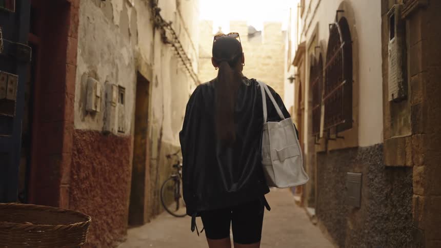 A young woman walks through an alleyway at midday carrying a white handbag with glasses resting on her head and wearing a black jacket
