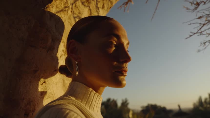 A woman with slickedback hair and large silver hoop earrings stands in golden light by a stone archway under a clear blue sky