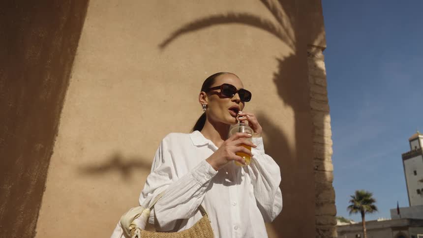 A woman wearing a white shirt and sunglasses is drinking from a clear plastic bottle with a straw she is standing outdoors against a warm sunlit ochrecolored wall
