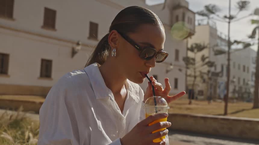 The woman is drinking from a straw