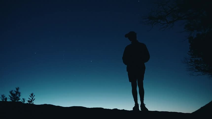 A wide shot captures the full silhouette of a person standing alone on a dark hillside with their head down contrasting sharply against a deep blue starry night sky
