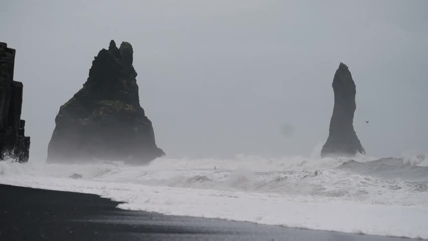 Birds fly around rock formations in the water as waves roll in to shore