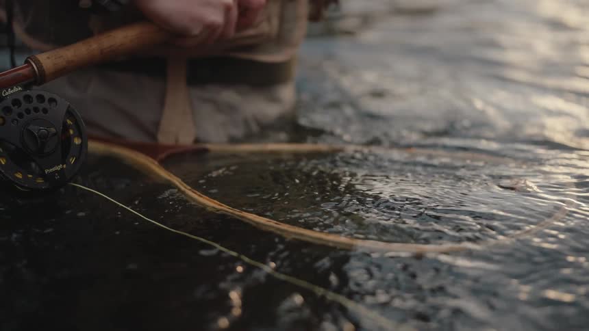 Fishing wheel on a fishing rod being held by a man with water to his waist outdoors during day time