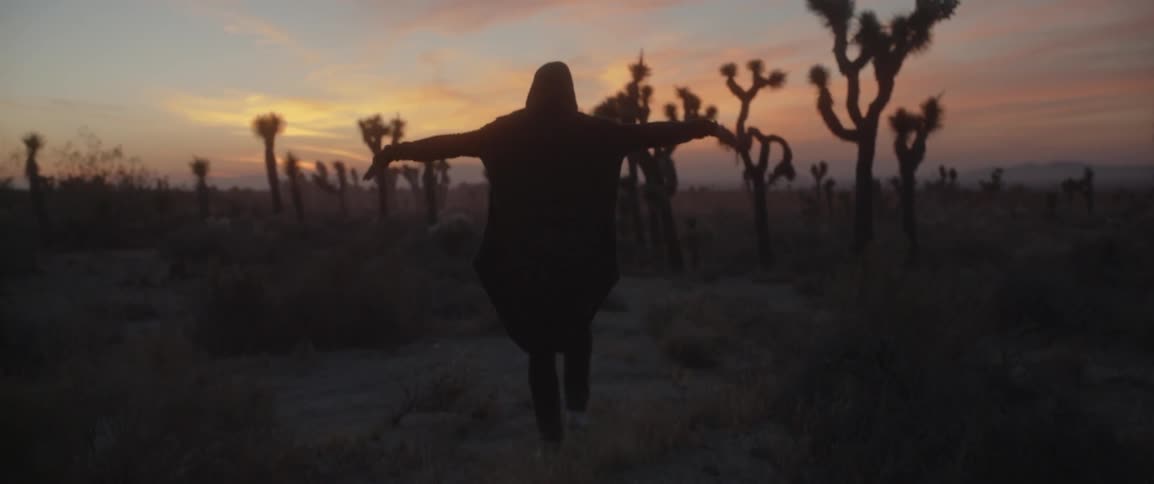 A man walks in a desert with outstretched arms at sunset