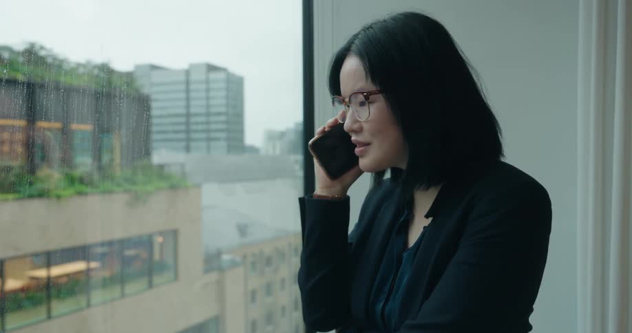 Office worker talking on her phone by the window