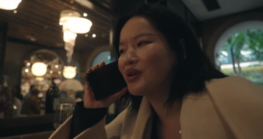 A businesswoman in a coat is seated at a bar intensely speaking on her mobile phone
