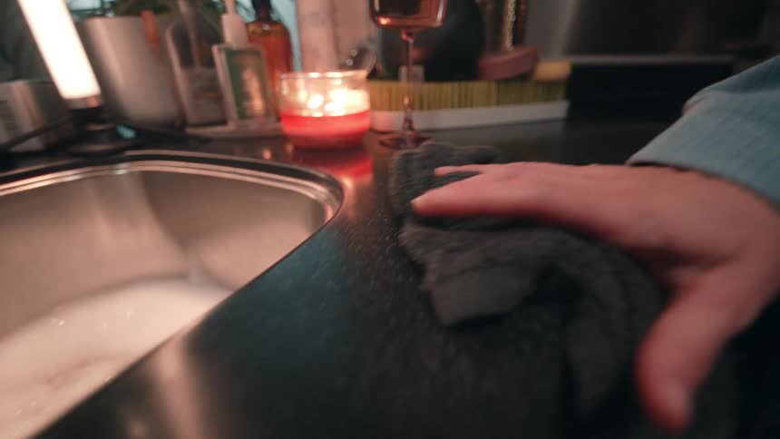 A person uses a gray microfiber towel to wipe and polish the dark glossy countertop next to a stainless steel kitchen sink where soapy water is visible
