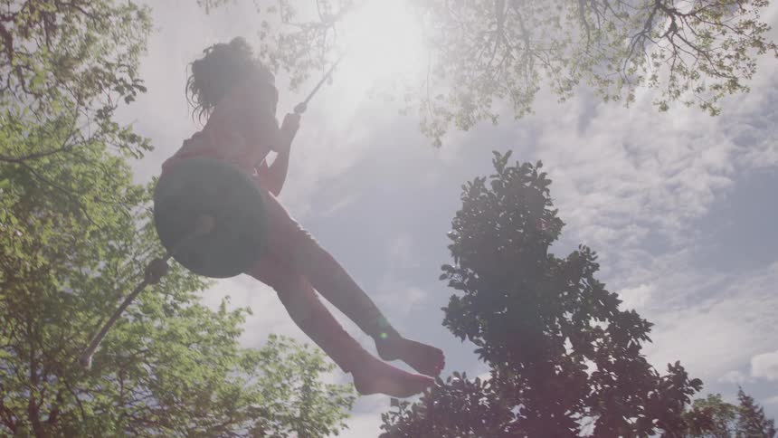 A young child swings on a rope swing in a sunny suburban backyard