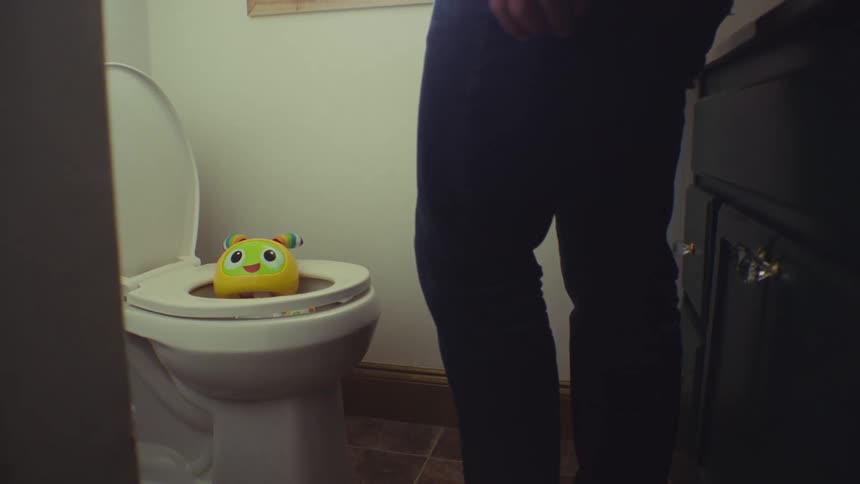 Childs toy is removed from inside the toilet by an adult