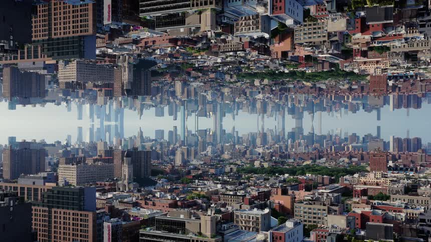 A surreal mirrored view of an urban area with dense residential and commercial buildings reflected perfectly against a bright hazy sky