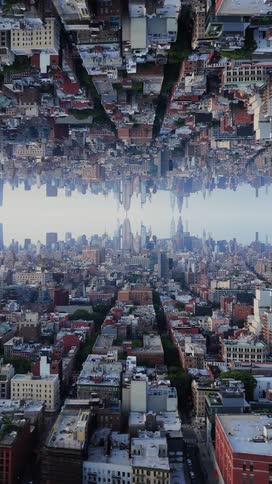 A view of a city which is mirrored on top
